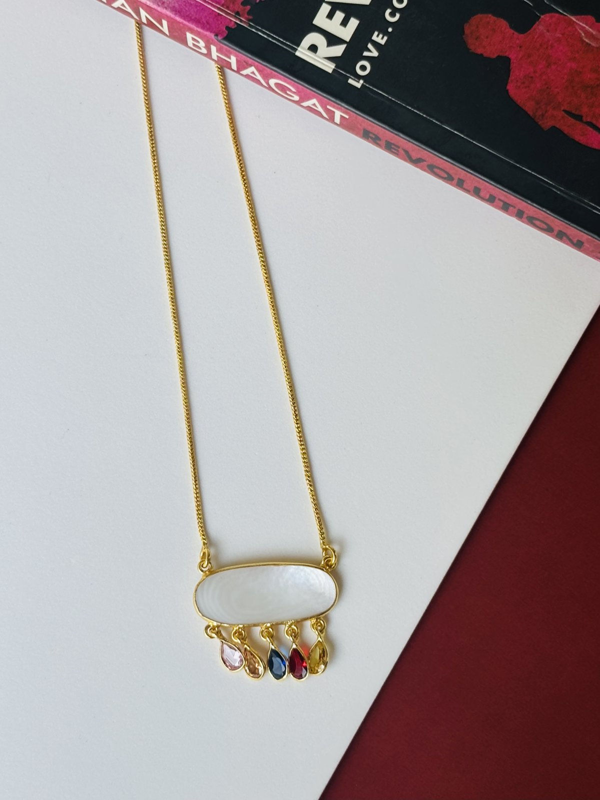 Mother of Pearl Oval Pendant Necklace with Multi-Color Teardrop Stones