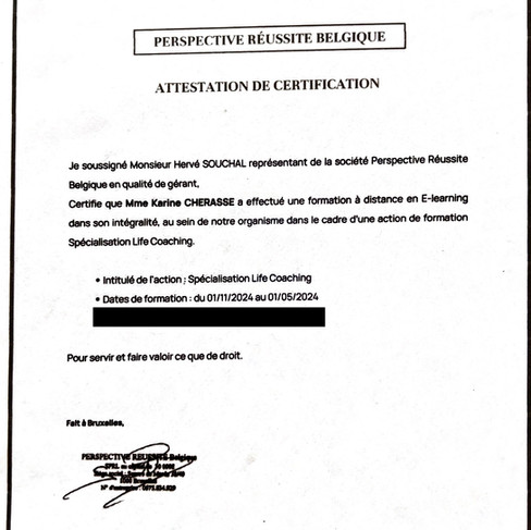 Attestation de certification en Life Coaching de Karine Cherasse par l’Académie Européenne de Coaching