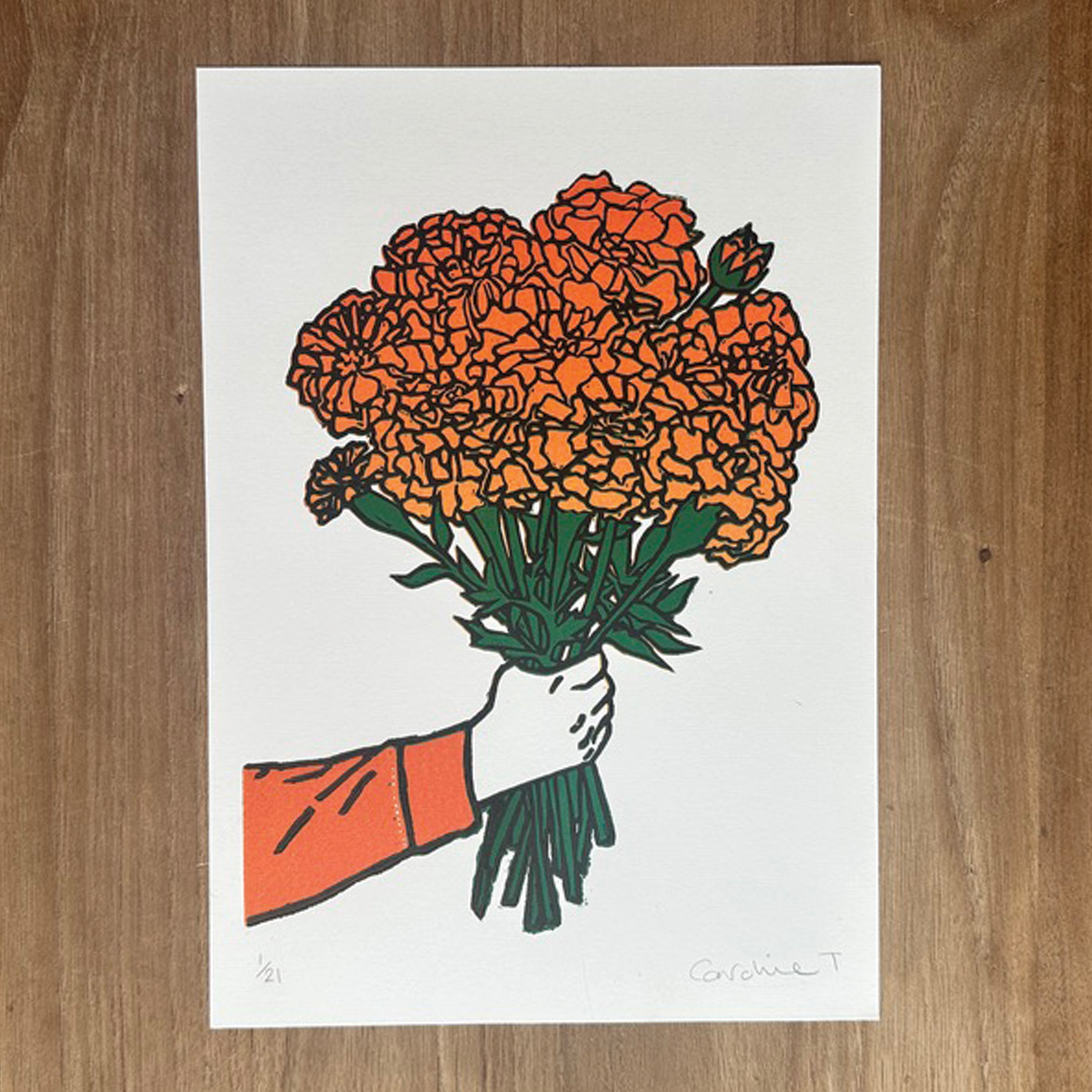 A4 Marigold Lino print October birth flower