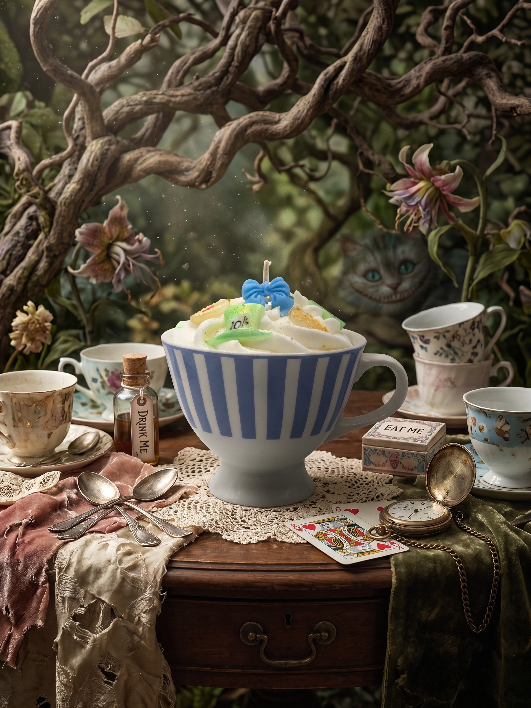 Bougie artisanale Alice au Pays des Merveilles dans une tasse à rayures bleues, décorée à la main, parfum Potion Magique