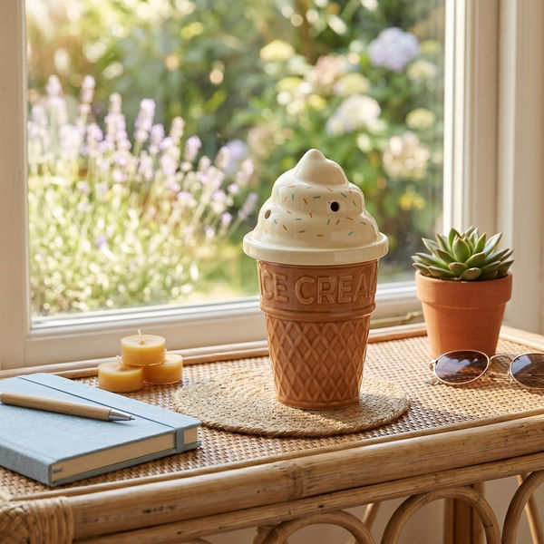 Brûle-parfum en céramique cornet de glace posé sur une table en rotin près d'une fenêtre ensoleillée