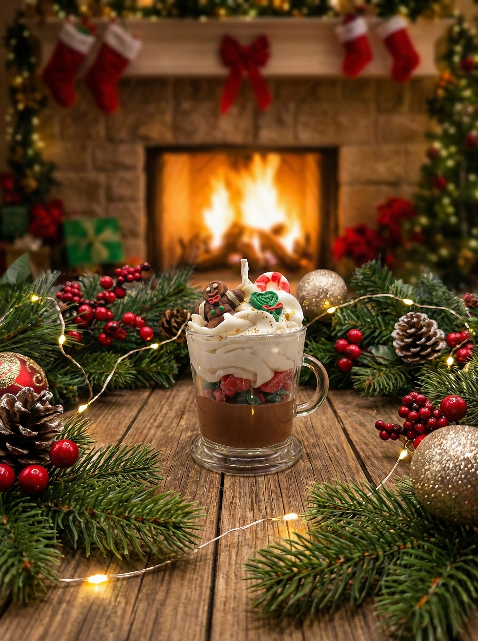 Bougie artisanale Délice de Noël dans une tasse décorée, ambiance festive au coin du feu.