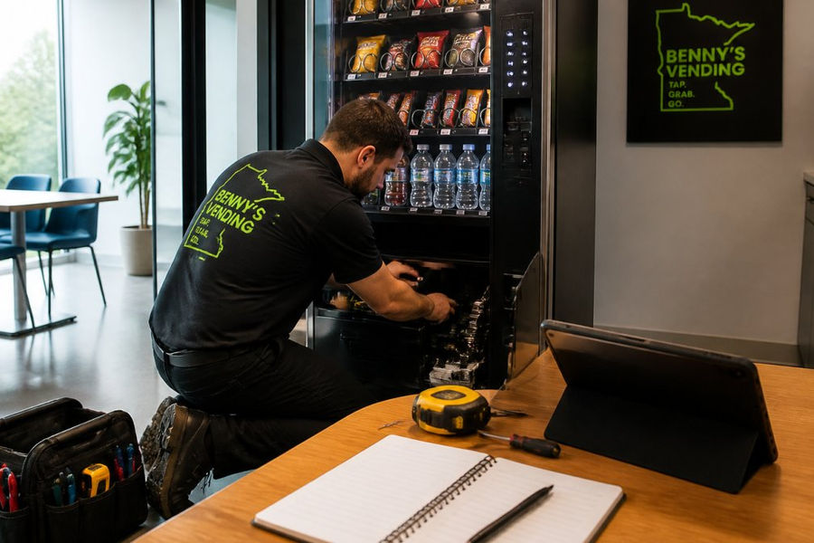 A technician in a branded uniform installing a modern smart vending machine in a bright corporate break room, with tools and a tablet nearby showing setup progress