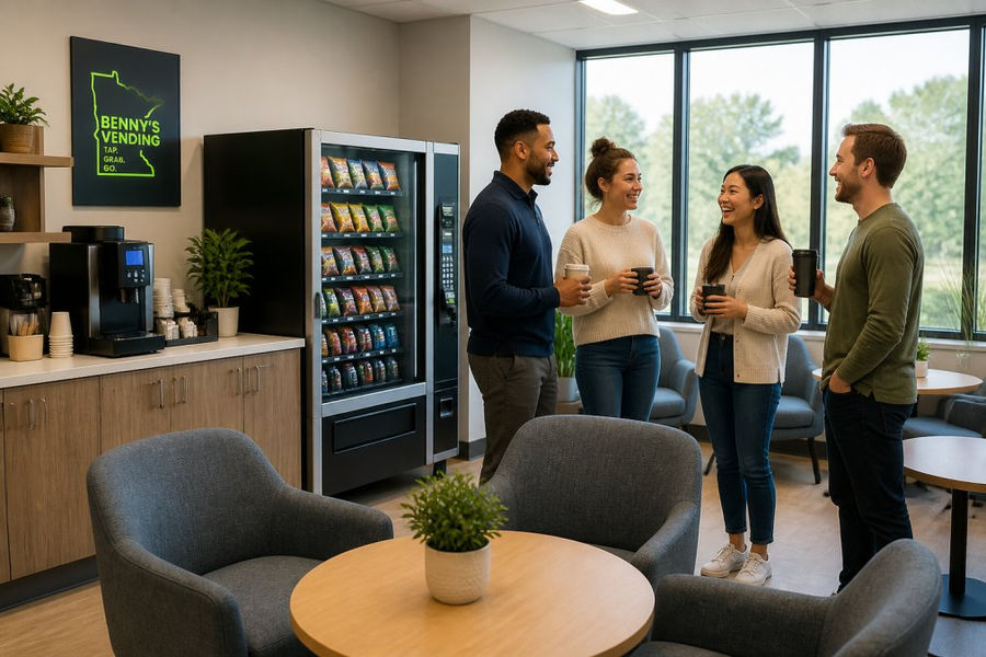 Diverse coworkers laughing in a modern breakroom with a coffee station to boost breakroom satisfaction.