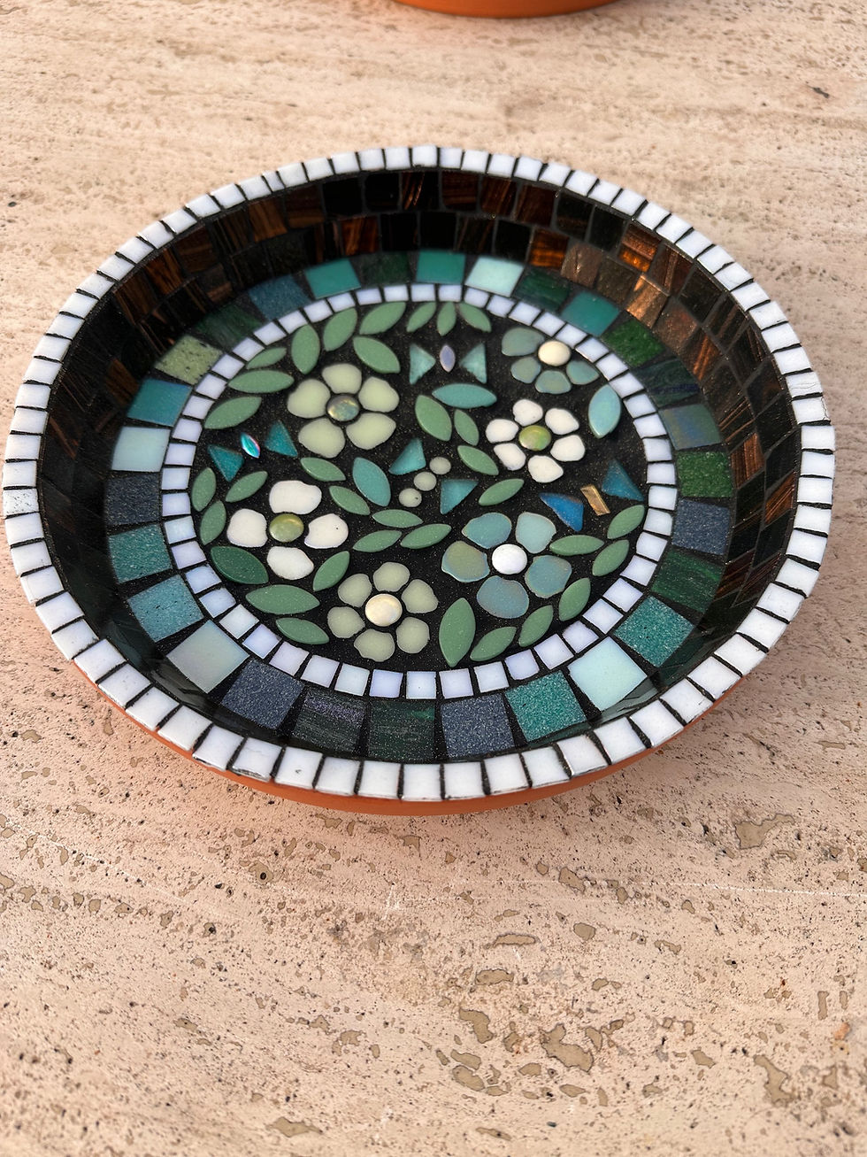 Thumbnail: Hand made floral mosaic bird bath
