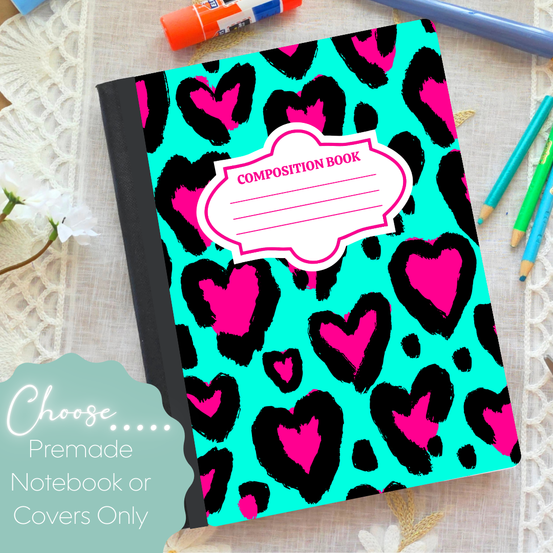 Neon Cheetah Hearts Composition Notebook & Covers