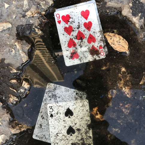 color, cards, hearts, spades, puddle, road, reflection, playing cards, leaf