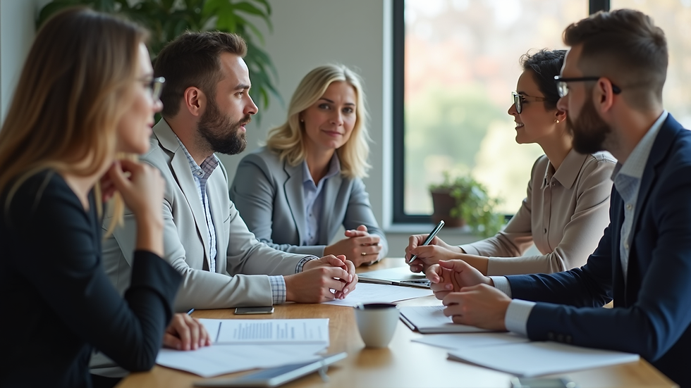 Close-up view of a business meeting with diverse professionals discussing growth strategies