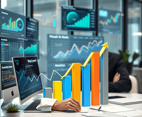A modern business growth scene showing rising revenue charts, digital dashboards, and a co