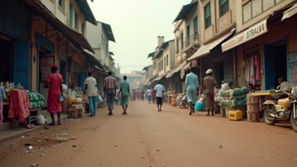 Eye-level view of a busy Nigerian market street with small business stalls