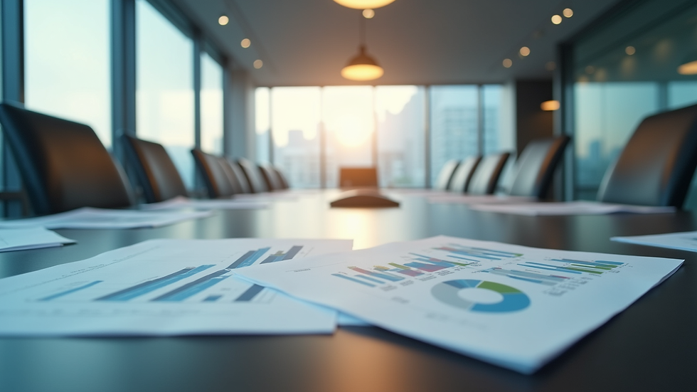 Eye-level view of a modern office meeting room with business charts on the table