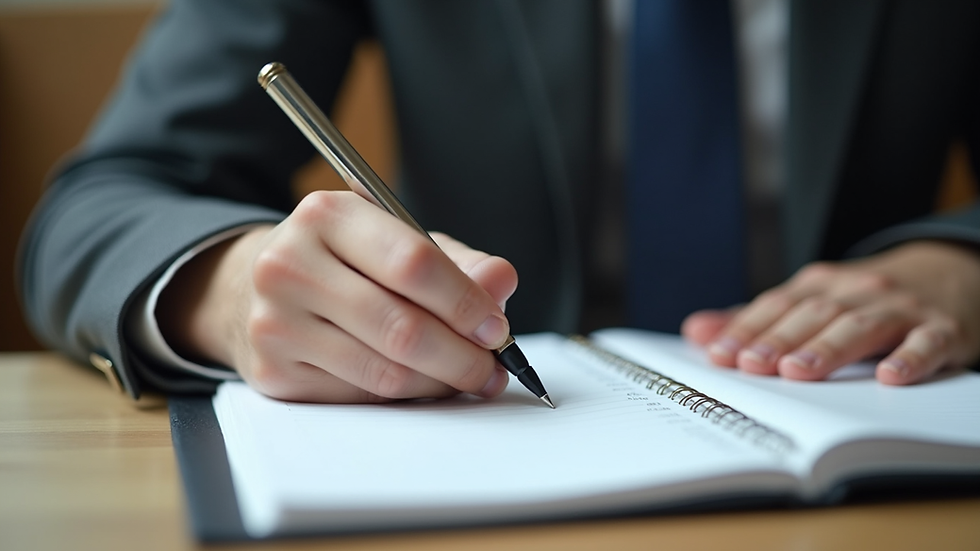 Close-up view of a person writing plans in a notebook