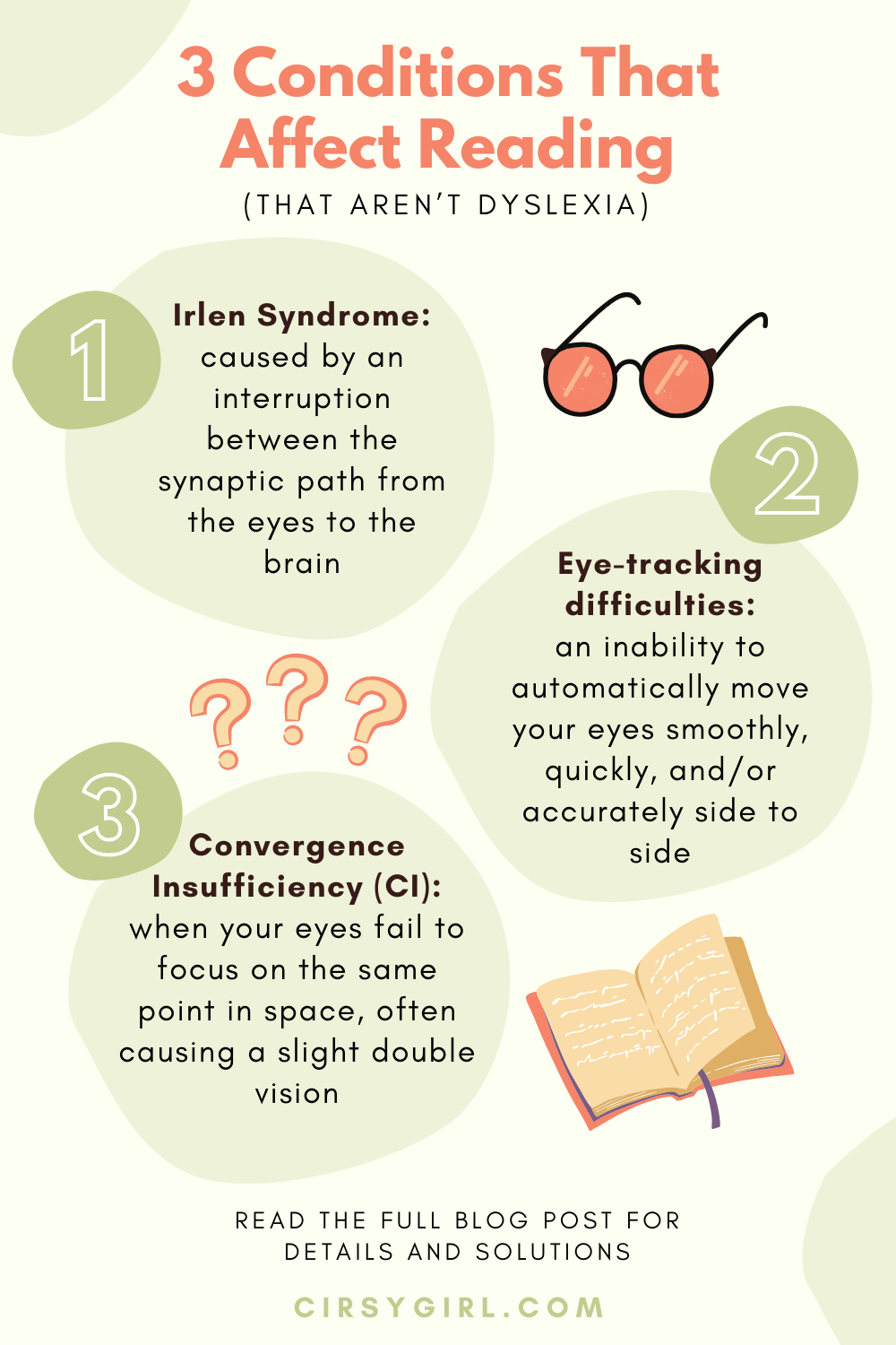 infographic about Irlen Syndrome, eye-tracking problems, convergence insufficiency