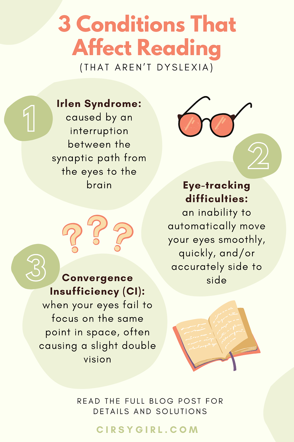 infographic about Irlen Syndrome, eye-tracking problems, convergence insufficiency