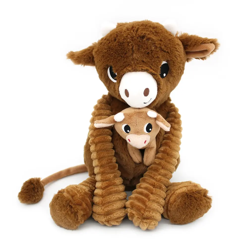 Miniature : Peluche vache Hindou maman et son bébé marron cassonade - Les Ptipotos