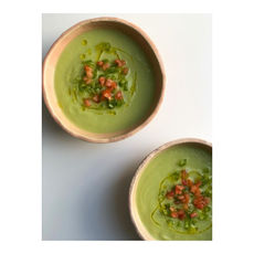 Crema de puerro, aguacate y calabacín