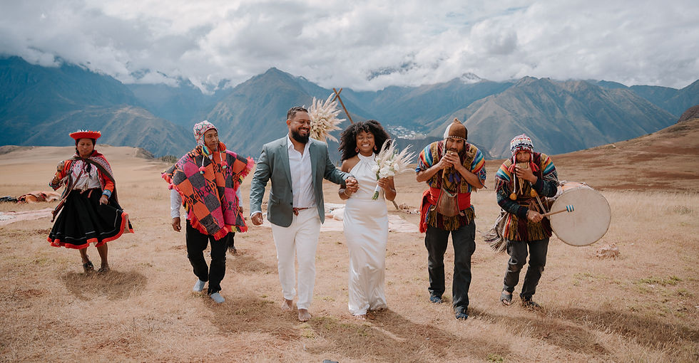 Couple celebrating an Andean wedding ceremony with ancestral music and rituals in the Sacred Valley, Peru