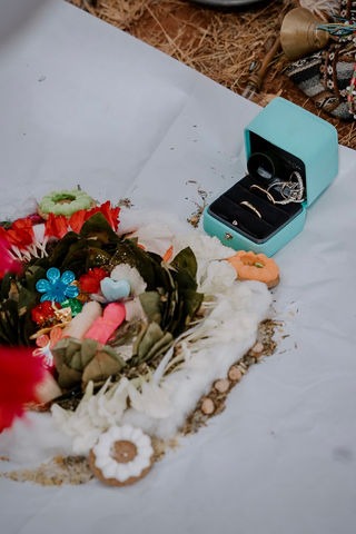 Ceremonial floral offering and ritual objects used in Andean ceremony