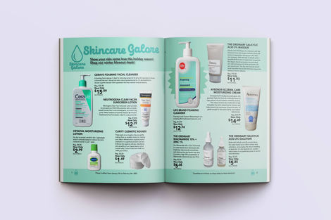 open book with various skincare products with descriptions and prices for each product