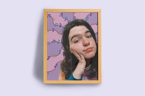 frame with a self portrait that is illustrated with small multicoloured shapes