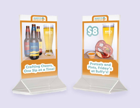 double sided table talker for a fictional brewery with pictures of food and drinks from the brewery 