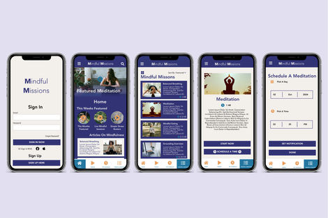 5 iPhones displaying a designed meditation app