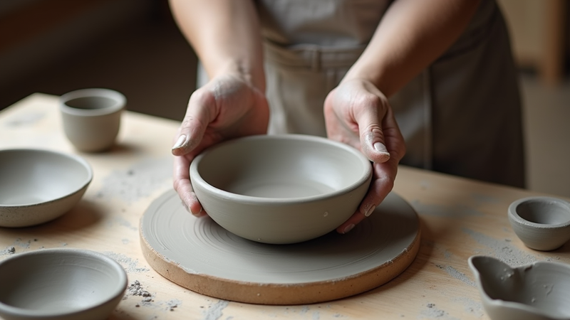 Espacio de taller de cerámica gres con piezas artesanales, texturas naturales y luz cálida, experiencia creativa en La Belleza de Crear