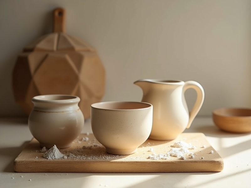 Taller de Ceràmica gres en Santiago, piezas hechas a mano sobre mesa de trabajo y un grupo de personas, un ambiente cálido y creativo de La Belleza de Crear