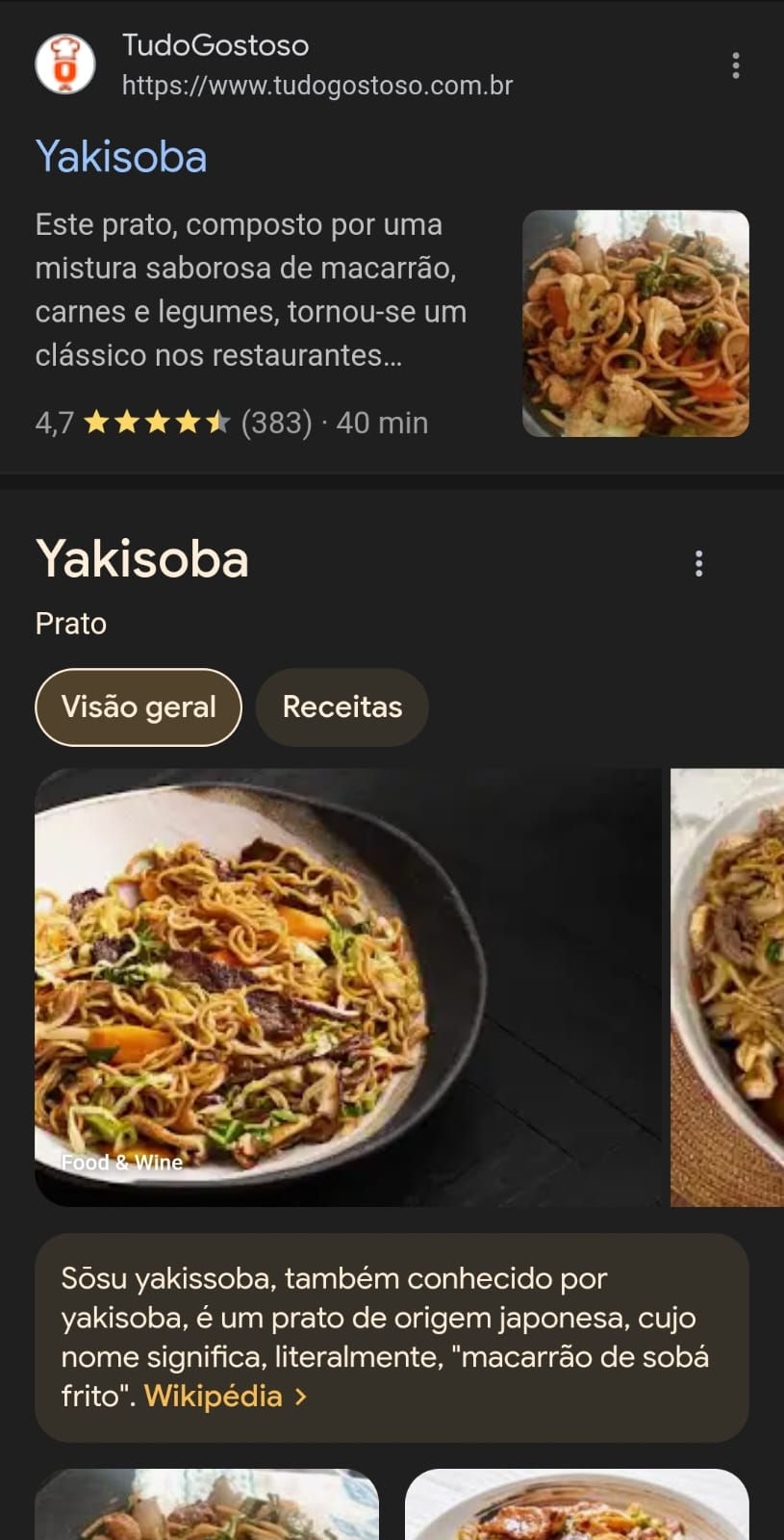 Print da página de resultado da mesma busca por receitas de yakisoba, mas dessa vez no mobile, onde os resultados ficam na vertical