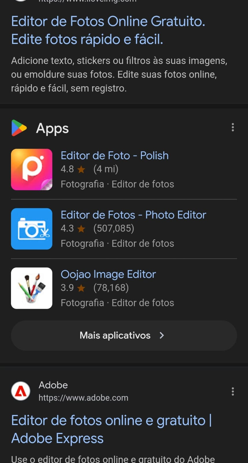Print da página de resultado no mobile, da avaliação de sites de editores de imagem