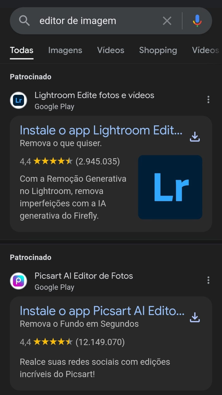 Print de loja online para baixar editores de imagem diversos no mobile