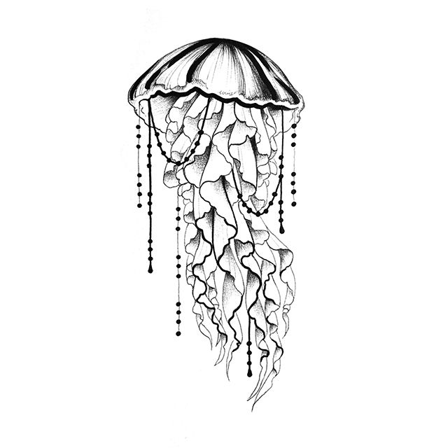 Tattoo flash of a jellyfish with long flowing tentacles and fine beadlike details.