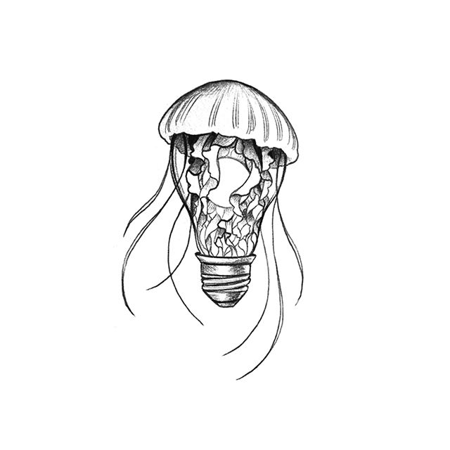 Tattoo flash of a jellyfish emerging from a glowing lightbulb.