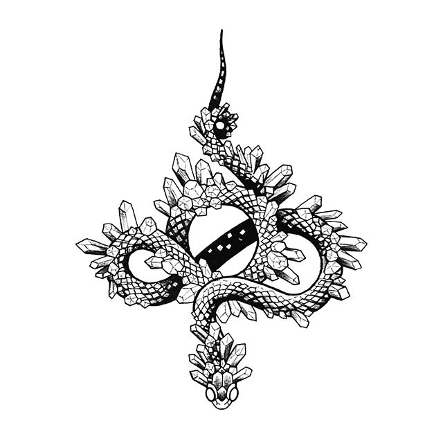 Tattoo flash of a snake coiled among crystal formations in a winter-inspired design.