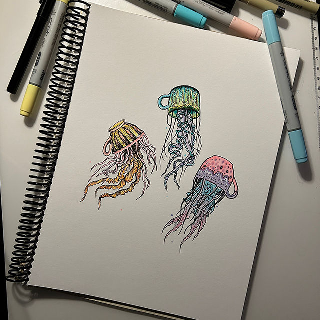 Thumbnail: Sketchbook page featuring the original tea cup jellyfish tattoo flash design, hand drawn with companion pieces.