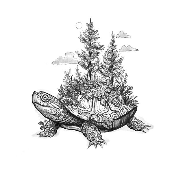 Thumbnail: Tattoo flash of a turtle with a forest island growing on its shell in black & grey, colour version also available.