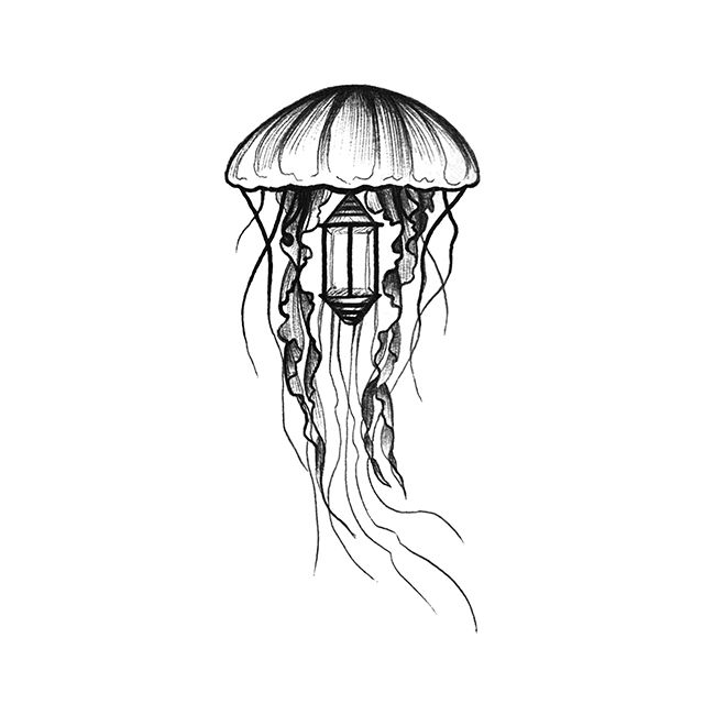 Tattoo flash of a small lantern jellyfish with glowing centre and trailing tentacles.
