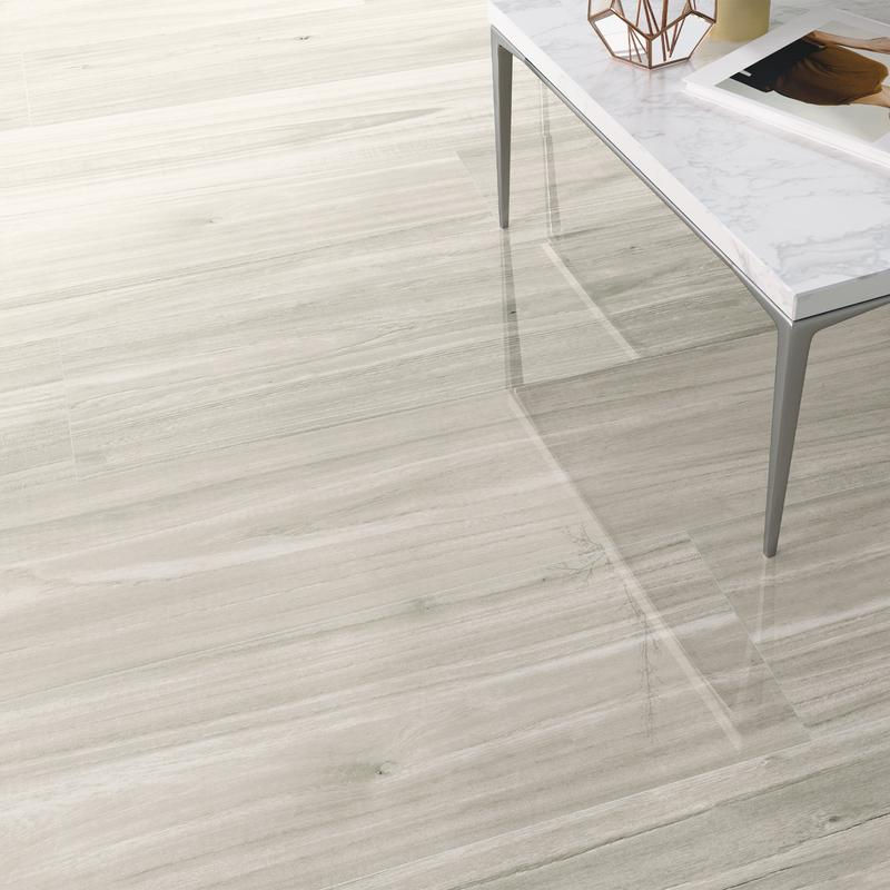 الصورة المصغرة: SPAZIO Ice Wood Look Polished 8"X48" Porcelain Tile 8"X48" Wall & Floor