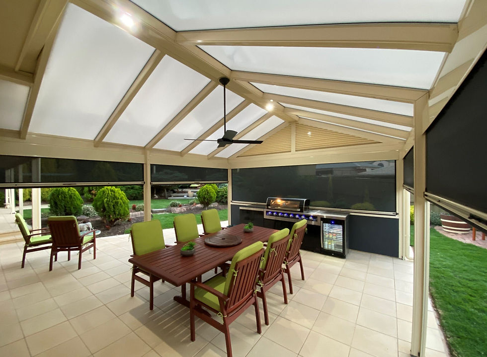 Modern verandah with a sleek insulated roof and sturdy support beams, providing a spacious and shaded outdoor living area.