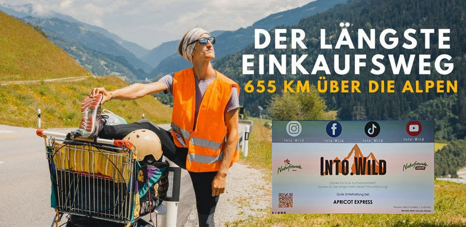 Mann in Warnweste mit Einkaufswagen auf Alpenstraße, daneben Text: DER LÄNGSTE EINKAUFSWEG 655 KM ÜBER DIE ALPEN.