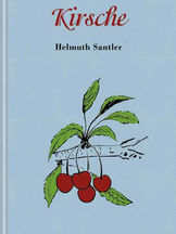 Buchcover mandelbaums kleine gourmandise Nr. 65 "Kirsche" von Helmuth Santler. Illustration von Kirschzweig mit roten Kirschen und grünen Blättern auf hellblaugrauem Hintergrund.