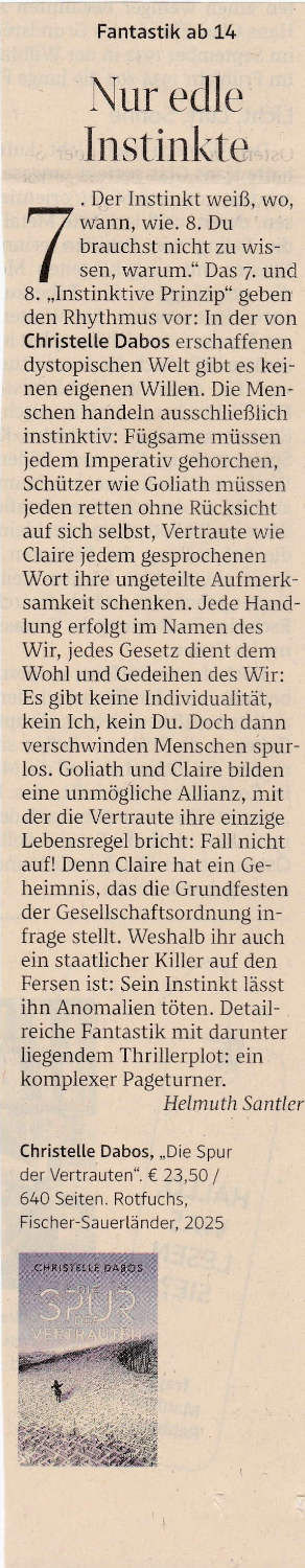 Zeitungsartikel, Rezension im der Standard von Helmuth Santler des Buches "Die Spur der Vertrauten" von Christelle Dabos. Coverabbildung des Buches