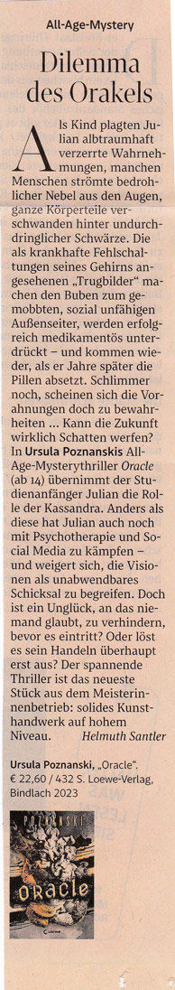 Zeitungsausschnitt der Standard, Buchrezension von Ursula Poznanski, „Oracle“ von Helmuth Santler