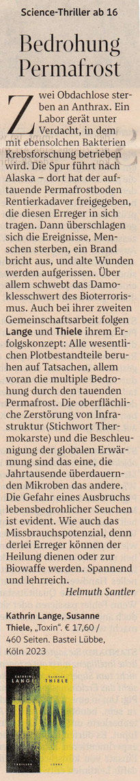 Zeitungsausschnitt aus der Standard, Rezension von Lange, Thiele: Toxin von Helmuth Santler