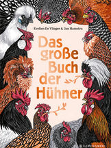 Buchcover Evelien De Vlieger, Jan Hamstra, „Das große Buch der Hühner“. Unterschiedlichste naturalistisch gezeichnete Hühner im Geviert angeordnet rund um blassrosa Feld mit dem Buchtitel.