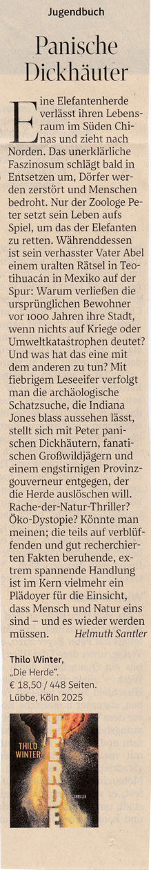 Zeitungsseite mit Rezension zu "Die Herde" von Thilo Winter.