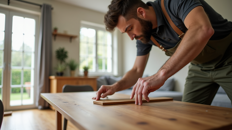 Close-up view of a delivery professional assembling a wooden dining table inside a home