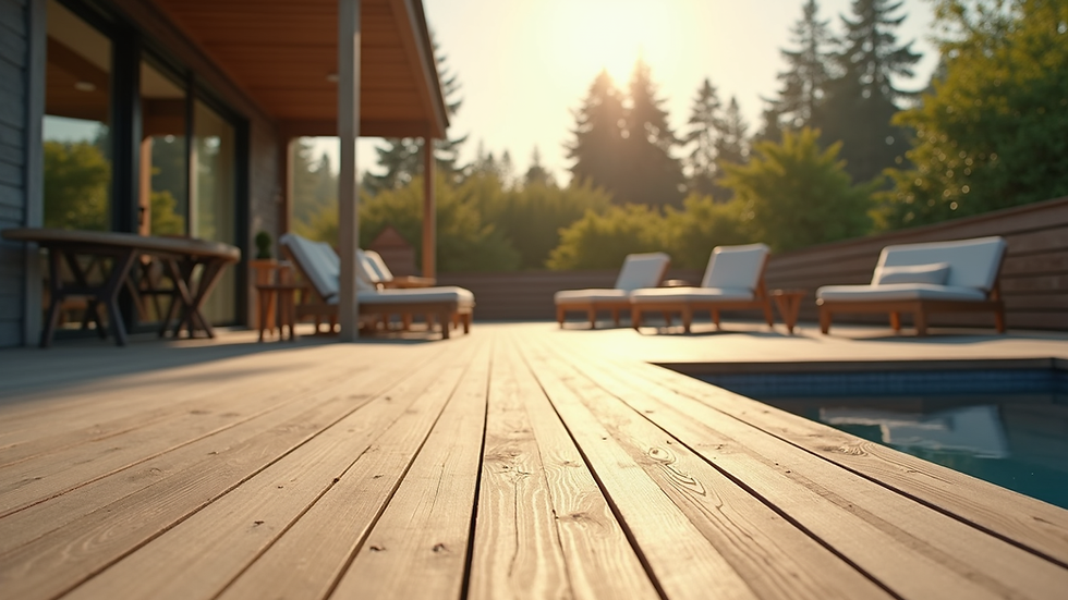 Eye-level view of a spacious wooden deck with outdoor furniture