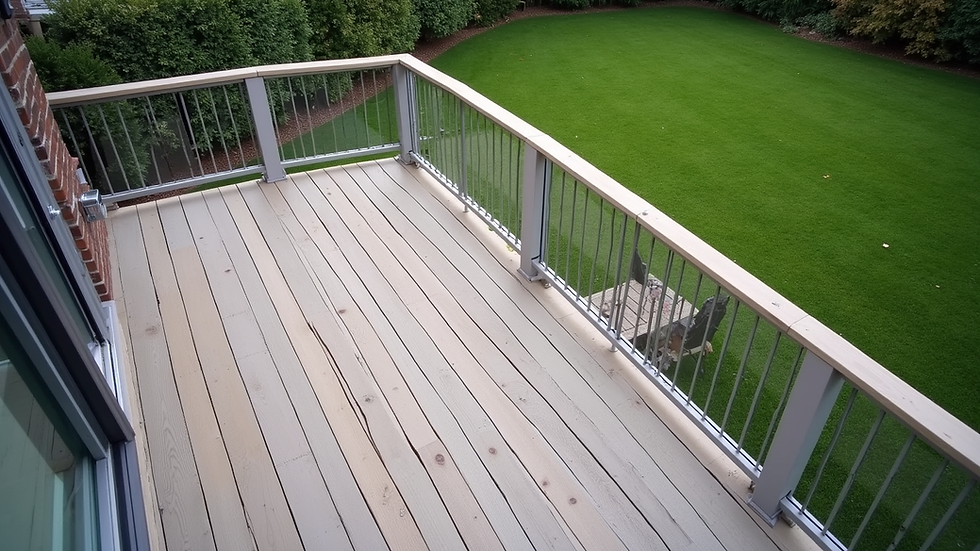 High angle view of a newly installed composite deck with modern railing