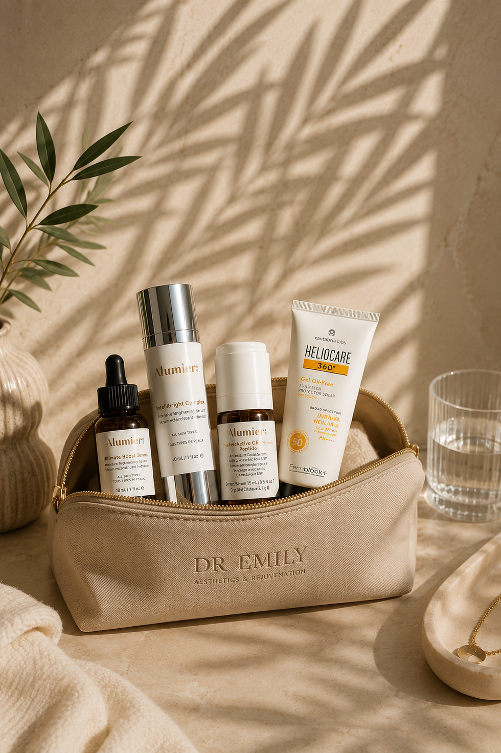 Dr Emily's recommended AlumierMD skincare products for summer, including Vitamin C, hydration serum and SPF.